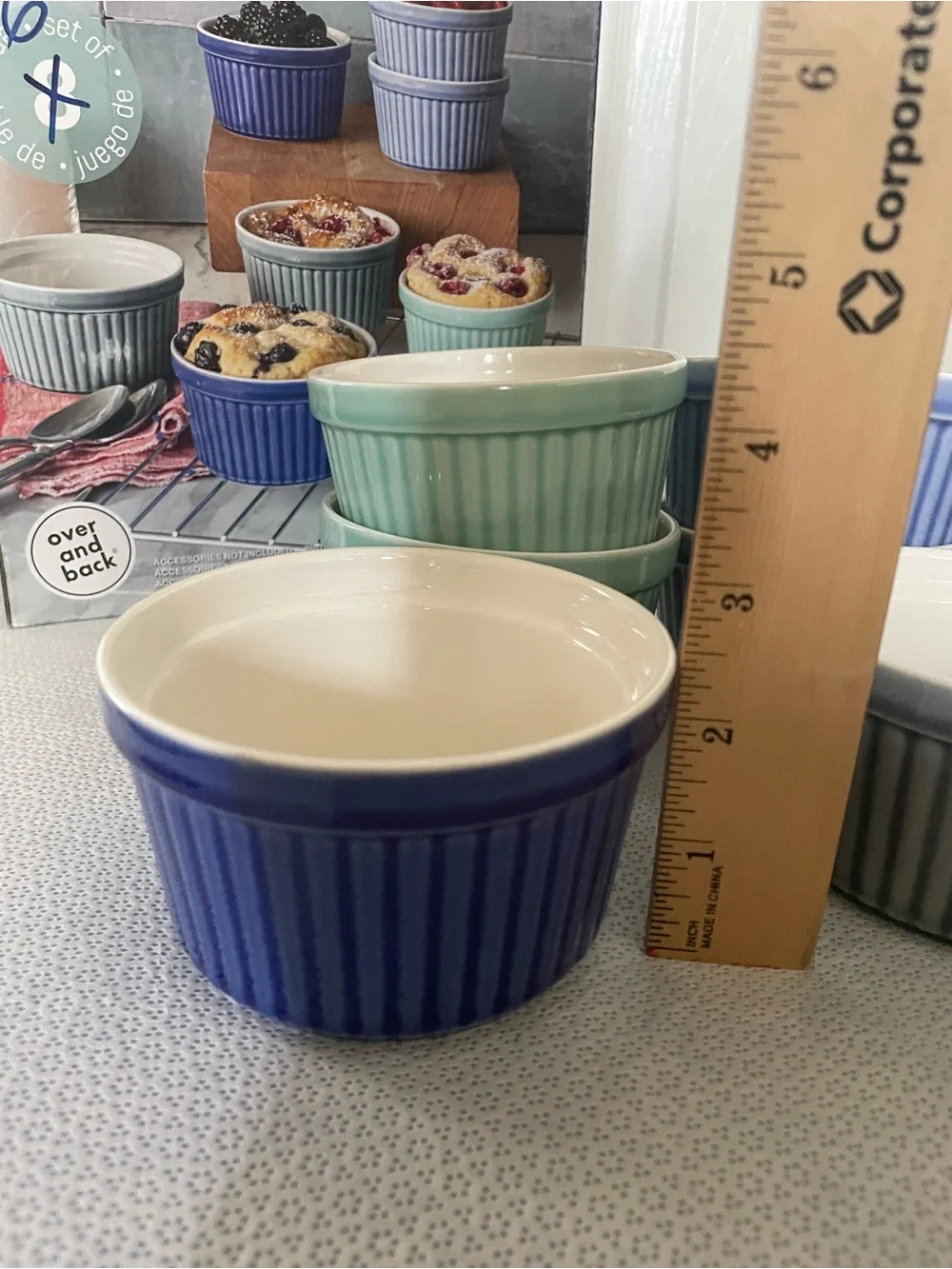 Cook & Serve Ribbed Ceramic Ramekins - Blue, Aqua, Gray Set of 6